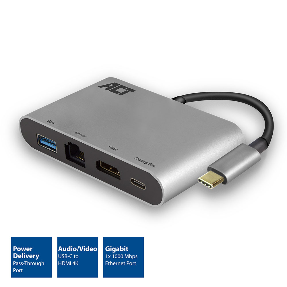 ACT USB-C 4K multiport adapter with HDMI, USB-A, LAN, USB-C with PD Pass-Through 60W