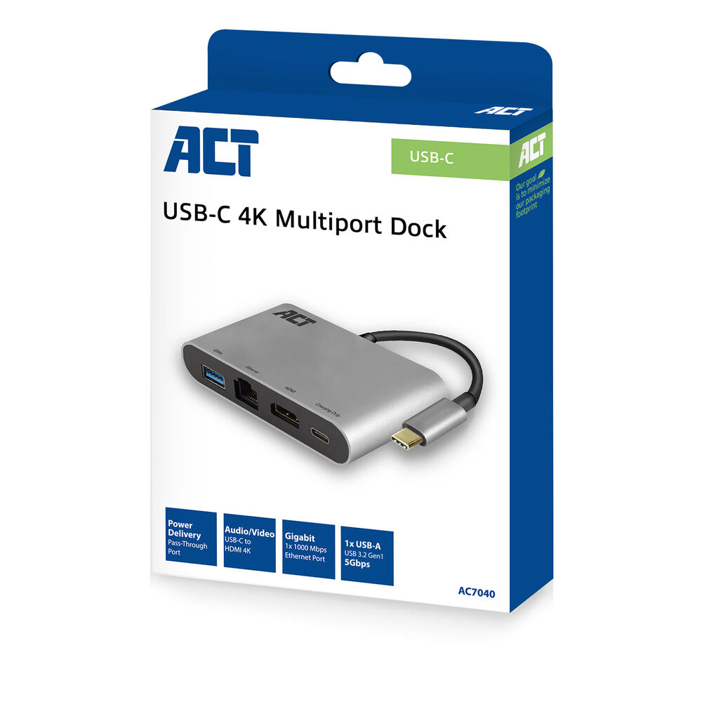 ACT USB-C 4K multiport adapter with HDMI, USB-A, LAN, USB-C with PD Pass-Through 60W