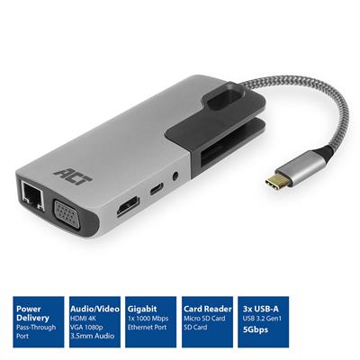 ACT USB-C to HDMI or VGA female multiport adapter, ethernet, 3x USB-A, card reader, audio, PD pass through