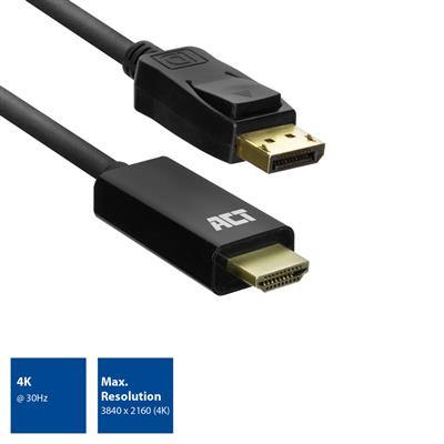 ACT DisplayPort male to HDMI male adapter cable, 1.8 m, Zip Bag